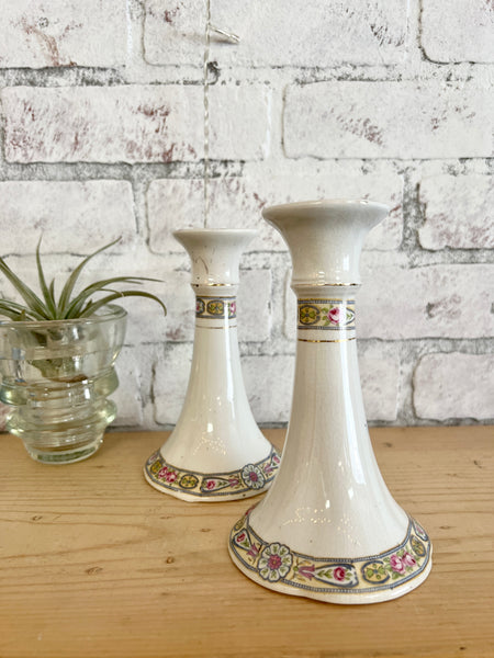 Set of Two Floral Chinoiserie Style Candlesticks