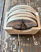 Rustic Churches - Set of Six Wood Coasters with Holder