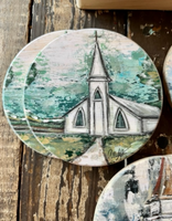 Rustic Churches - Set of Six Wood Coasters with Holder