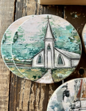 Rustic Churches - Set of Six Wood Coasters with Holder