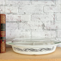 Vintage Pyrex Black Scroll Promo Pattern Dish & Lid