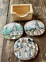 Rustic Churches - Set of Six Wood Coasters with Holder